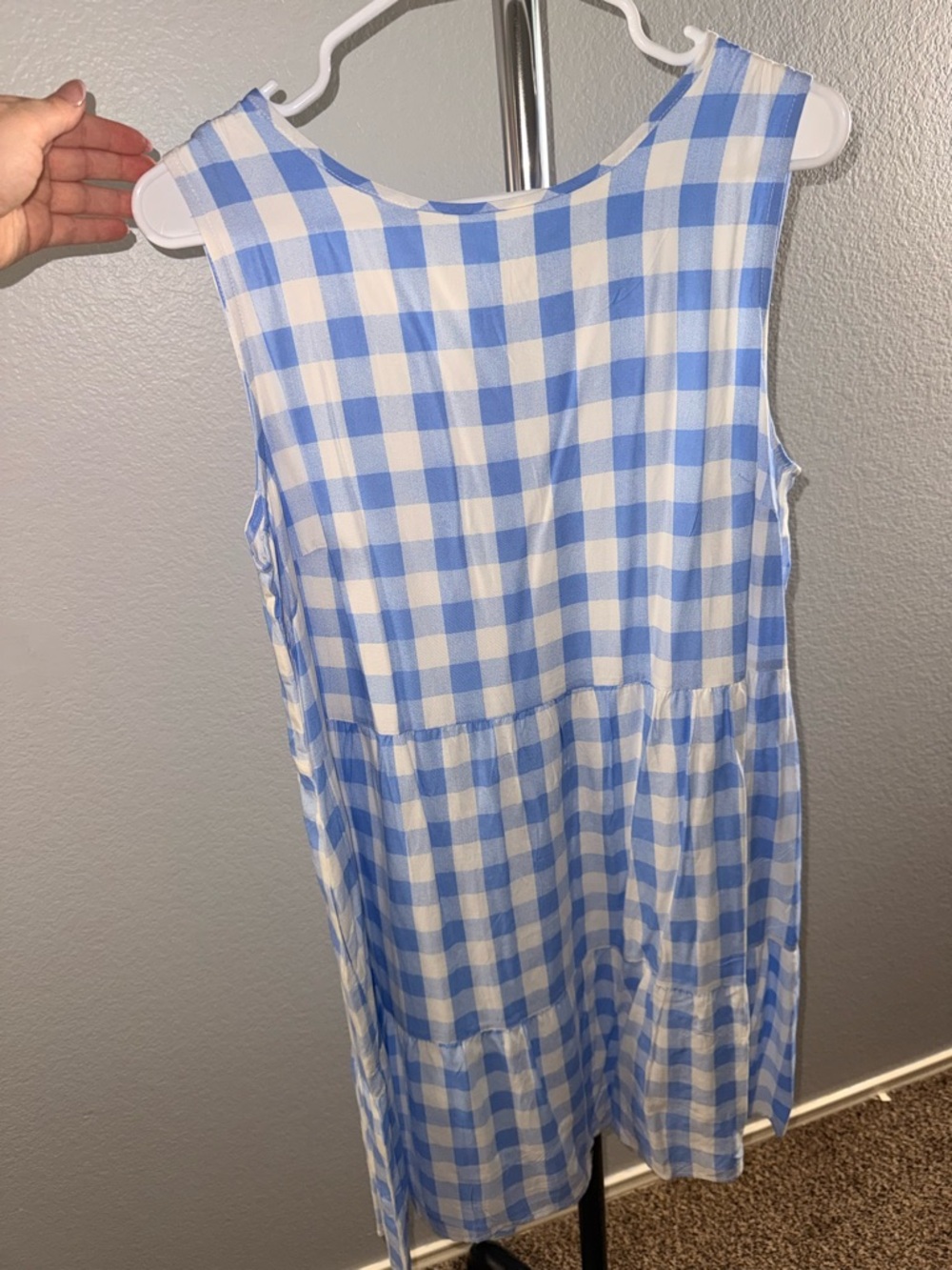 Sleeveless Blue and White Gingham Tiered Dress